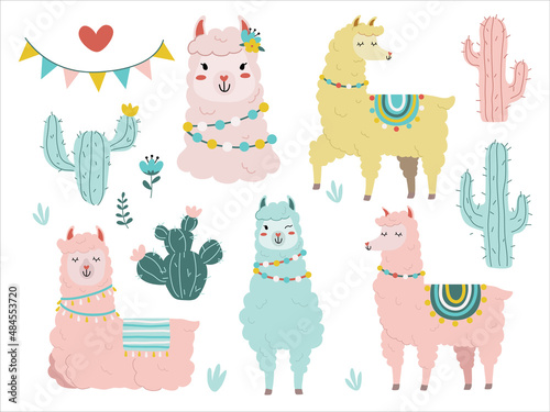 Set of cute llamas, alpacas and cactus. Seamless pattern. Vector funny cartoon hand drawn illustration 