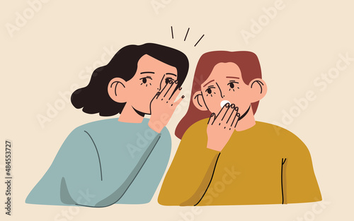 Gossip. Young woman whispering secrets to her friend. Two girls are whispering. The concept of spreading rumors. Cute hand drawn vector colorful funny cartoon style illustration. 