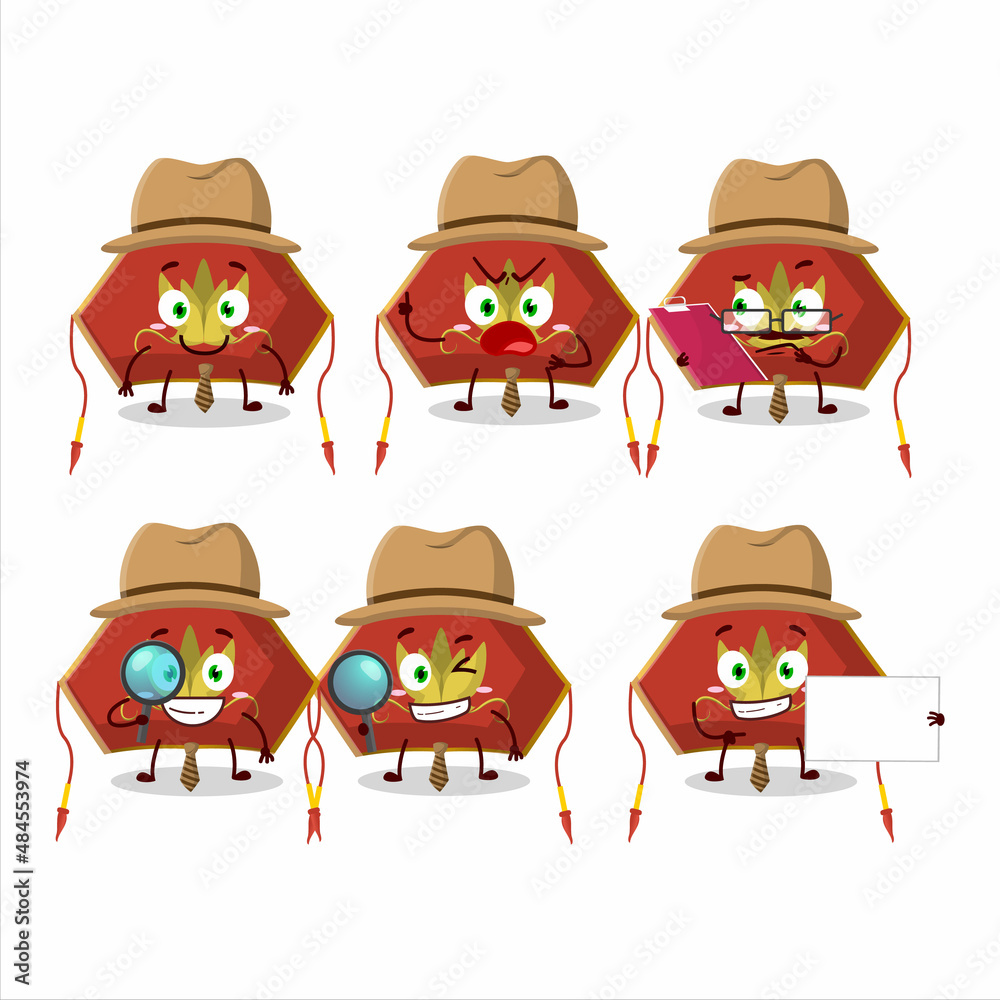 Detective red chinese woman hat cute cartoon character holding magnifying glass Detective red chinese woman hat cute cartoon character holding magnifying glass