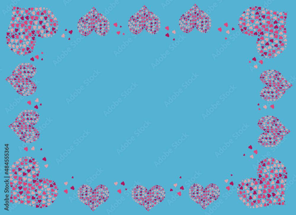 Decorative,tiny colored hearts placed on the edges of blue surface with a wide copy space.Conceptual illustration work