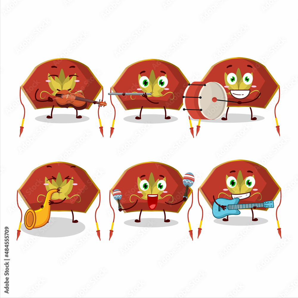 Cartoon character of red chinese woman hat playing some musical instruments Cartoon character of red chinese woman hat playing some musical instruments