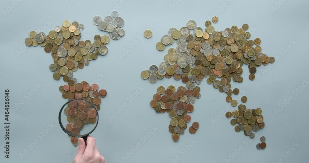 Global money map. World map made of money coins isolated on white