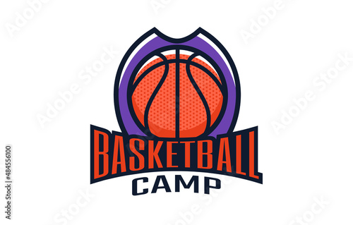 Logo, emblem of the basketball camp. Colorful school emblem with a ball on the background of the shield. Basketball sports logo template, training camp. Isolated vector illustration