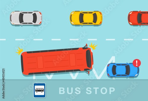 Traffic or road rule. Do not park your car within fifteen meters before and fifteen meters after a bus stop warning design. Flat vector illustration template.