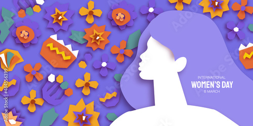 Female portrait with paper cut flowers. Happy Women's day. Happy Mother's Day. Abstract Hand drawn paper cut floral shapes. Trendy contemporary art. 8 March. Spring. Paper art work. Very peri color.