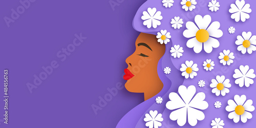 Female portrait with paper cut daisy flowers. Happy Women's day. Happy Mother's Day. Abstract Hand drawn paper cut floral shapes. Trendy contemporary art. 8 March. Spring. Very peri color.