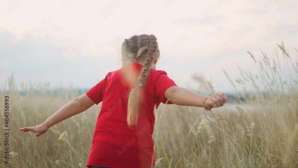 little girl running across the field in nature in the park. happy family kid dream concept. little girl running in dry grass in wild park. free girl fun happy childhood and family concept little girl running across the field in nature in the park. happy family kid dream concept. little girl running in dry grass in wild park. free girl fun happy childhood and family concept