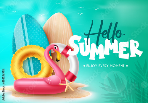 Summer vector background design. Hello summer text with flamingo floaters and surfboard beach elements in sand island. Vector illustration.
