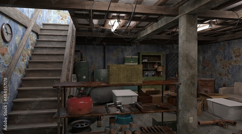 3D illustration brick basement with unnecessary obsolete things 3D illustration brick basement with unnecessary obsolete things