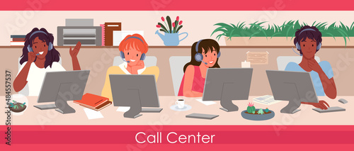 Scene of working team in call center customer service assistance. Online technical support agents at workstations with headset, consumers information helpline cartoon vector illustration