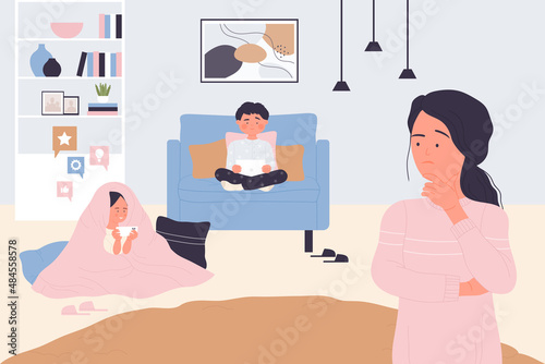 Addicted kids using mobile gadgets and devices for games vector illustration. Cartoon mother worrying about internet addiction of children, happy girl and boy holding holding phone and tablet