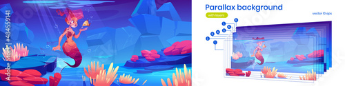 Parallax background with cute mermaid and fish in sea underwater fantasy world. Cartoon girl with red hair and fish tail swim in ocean 2d with separated layers for game animation, Vector illustration