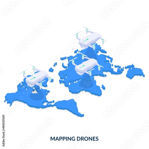 Mapping drones. Drones for exploration, geolocation, mapping. Isometric vector illustration on white background.