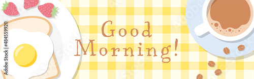 vector background with breakfast with a fried egg, bread, strawberries and a cup of coffee for banners, cards, flyers, social media wallpapers, etc.