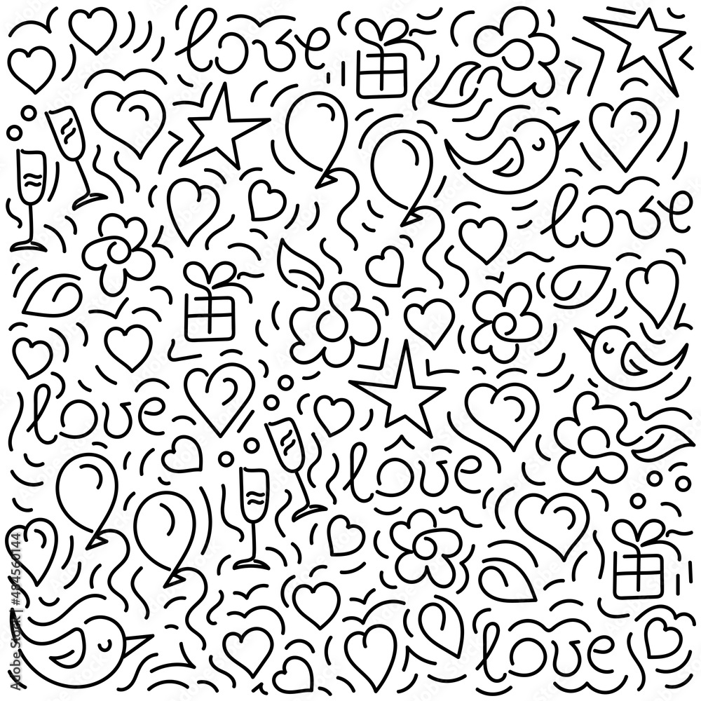 Doodle Love seamless background. Black amd white hand drawn vector pattern