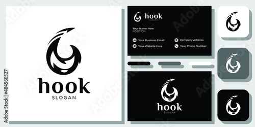 hook symbol abstract fishing tool steel catch white black icon with business card template 