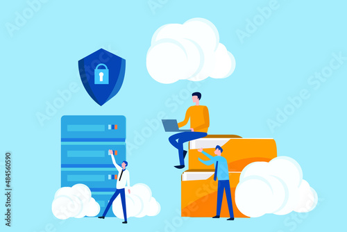 technology cloud computing service concept and datacenter storage server connect on cloud with administrator and developer team working