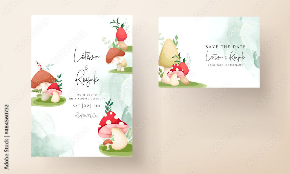 Fototapeta premium Cute mushroom and leaves hand drawing invitation card template