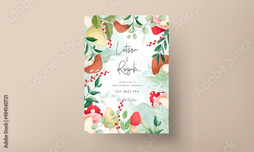 Cute mushroom and leaves hand drawing invitation card template