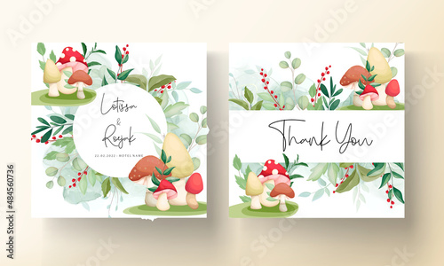 Cute mushroom and leaves hand drawing invitation card template