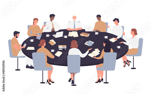 Business team managers meeting at round table. Office brainstorming and setting strategy cartoon vector illustration