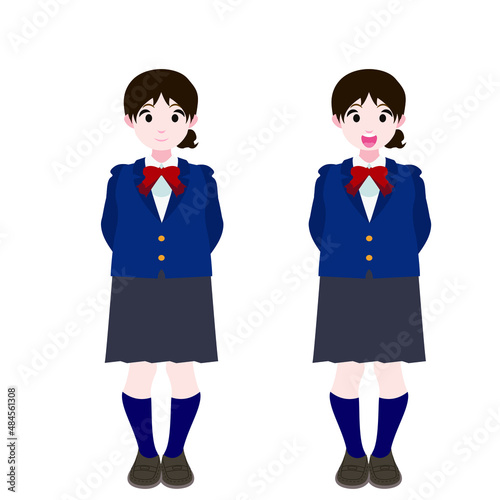 後ろに腕を回すブレザーの女学生