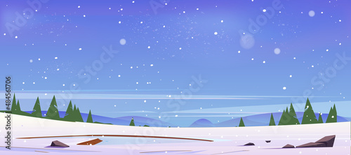 Cartoon winter nature landscape frozen pond or lake on field covered with snow. Scenery view with falling snowflakes, rocks and fir-trees. Tranquil christmas panoramic background, Vector illustration
