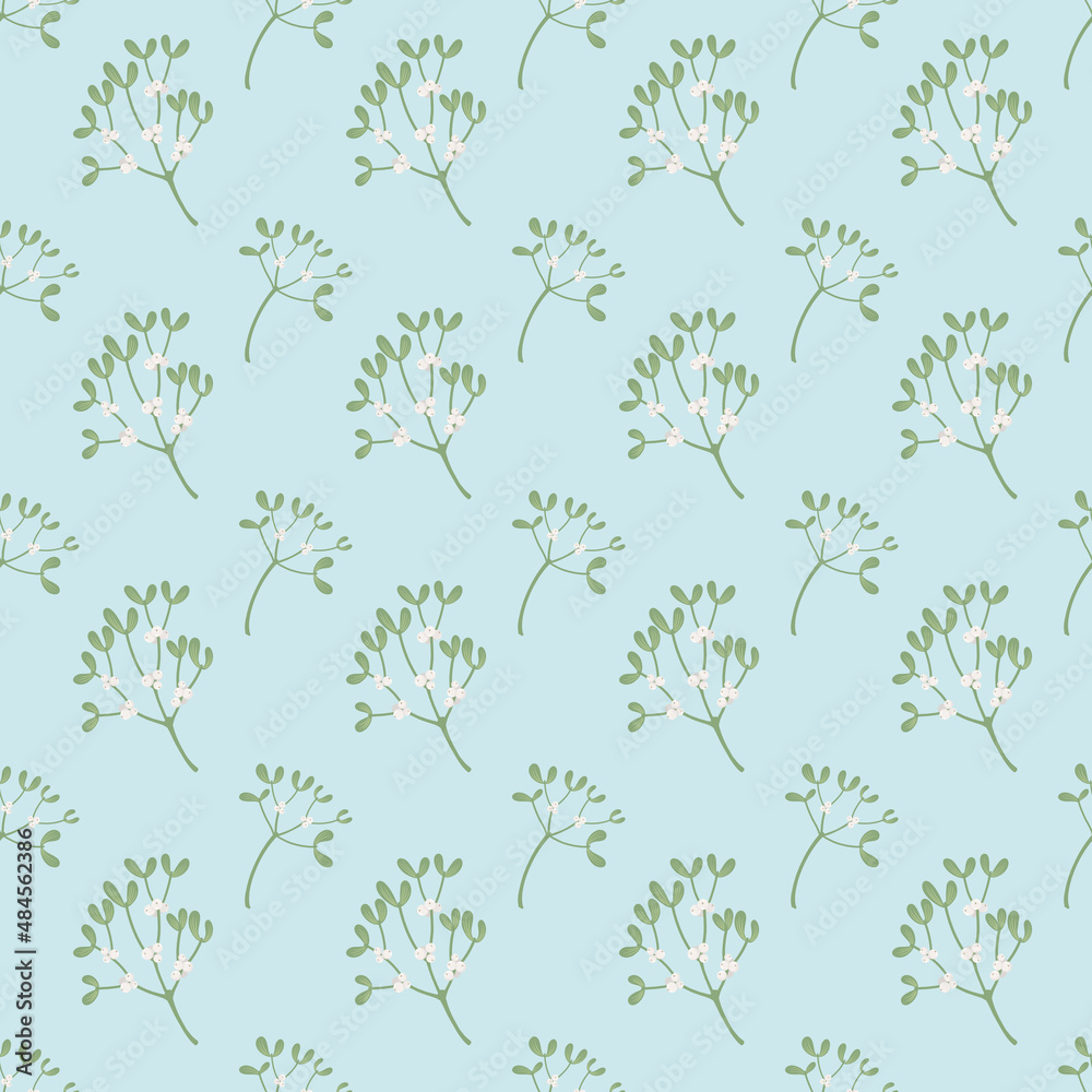 Mistletoe seamless pattern. Christmas wallpaper. Flat botanical illustration.