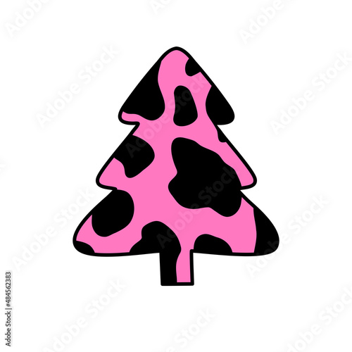 Christmas trees with cow print. Collection of Christmas tree with cow pattern. Colorful illustration of New Year design for banner, postcard, greeting card. Vector illustration.