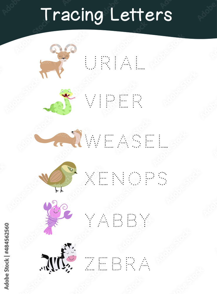 Fototapeta premium Tracing letters. Tracing names of animals’ worksheet. Writing practice. Educational printable colorful worksheet. Vector file.