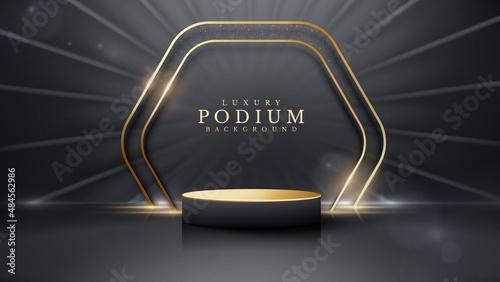 Product display podium and gold frame with light rays and bokeh decoration. Black luxury background.