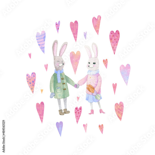 Enamored rabbits among soft pink hearts. The mood of spring and love for your designs. For holiday cards, stickers, covers, printing on dishes, for textiles and more