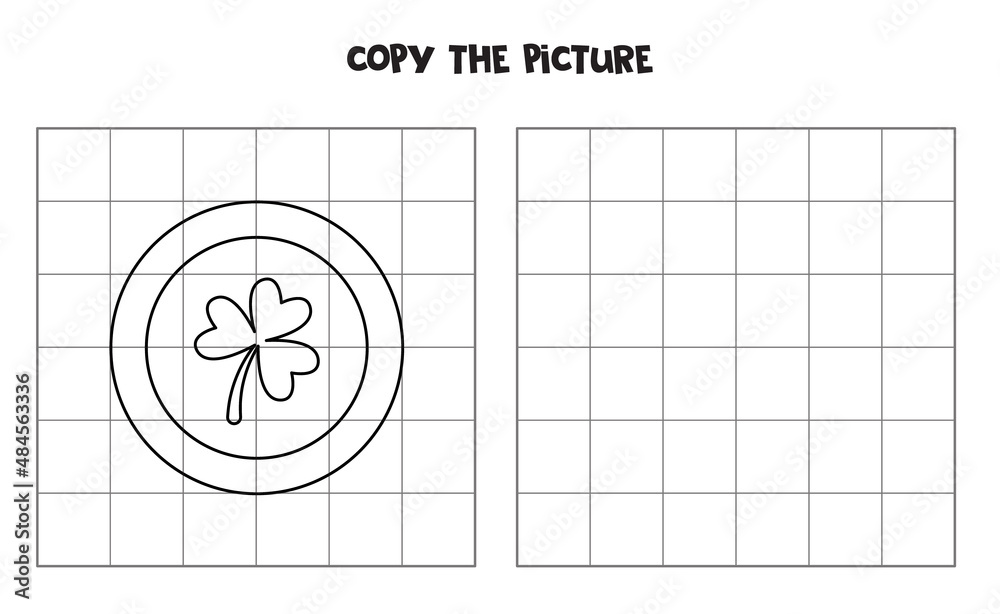 Fototapeta premium Copy the picture of black and white shamrock coin. Logical game for kids.