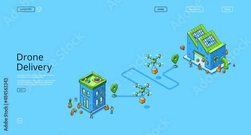 Drone delivery isometric landing page, quadcopters shipping parcels from warehouse to customers. Futuristic logistics technology, aircraft freight transportation service 3d vector line art web banner