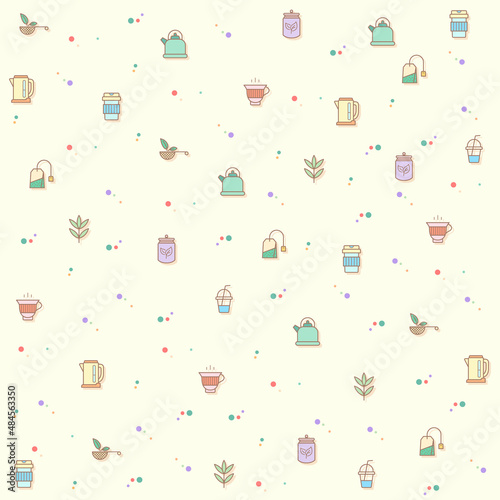 Vector illustration of a cute tea and drink. Collection of star anise, infusion bags, tea strainer, green tea, nature, herbal, rooibos tea and other elements. Isolated on beige.