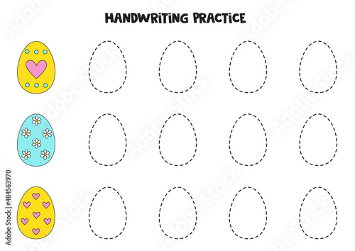 Tracing contours of cute colorful Easter eggs. Writing practice.