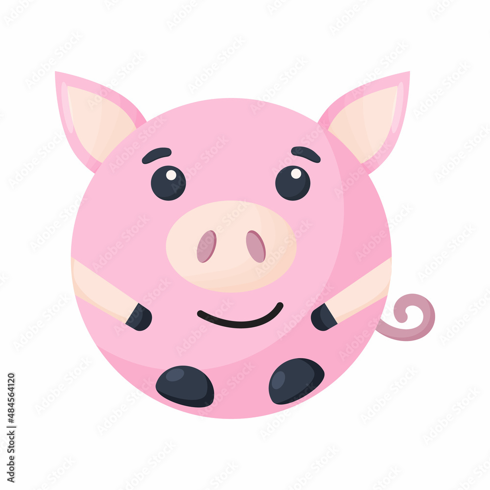 Cute cartoon round animal pig face, vector zoo sticker isolated on white background. 