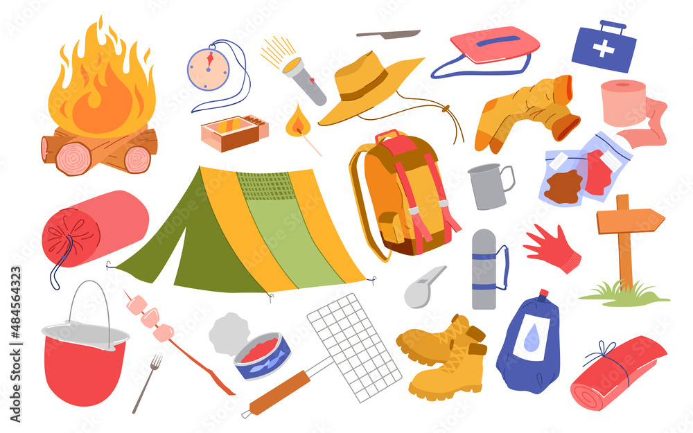 Set of camping equipment and tools for outdoor recreational activity. Tent and essentials for trip, summer camp and hiking tour, travel adventure holiday cartoon vector illustration
