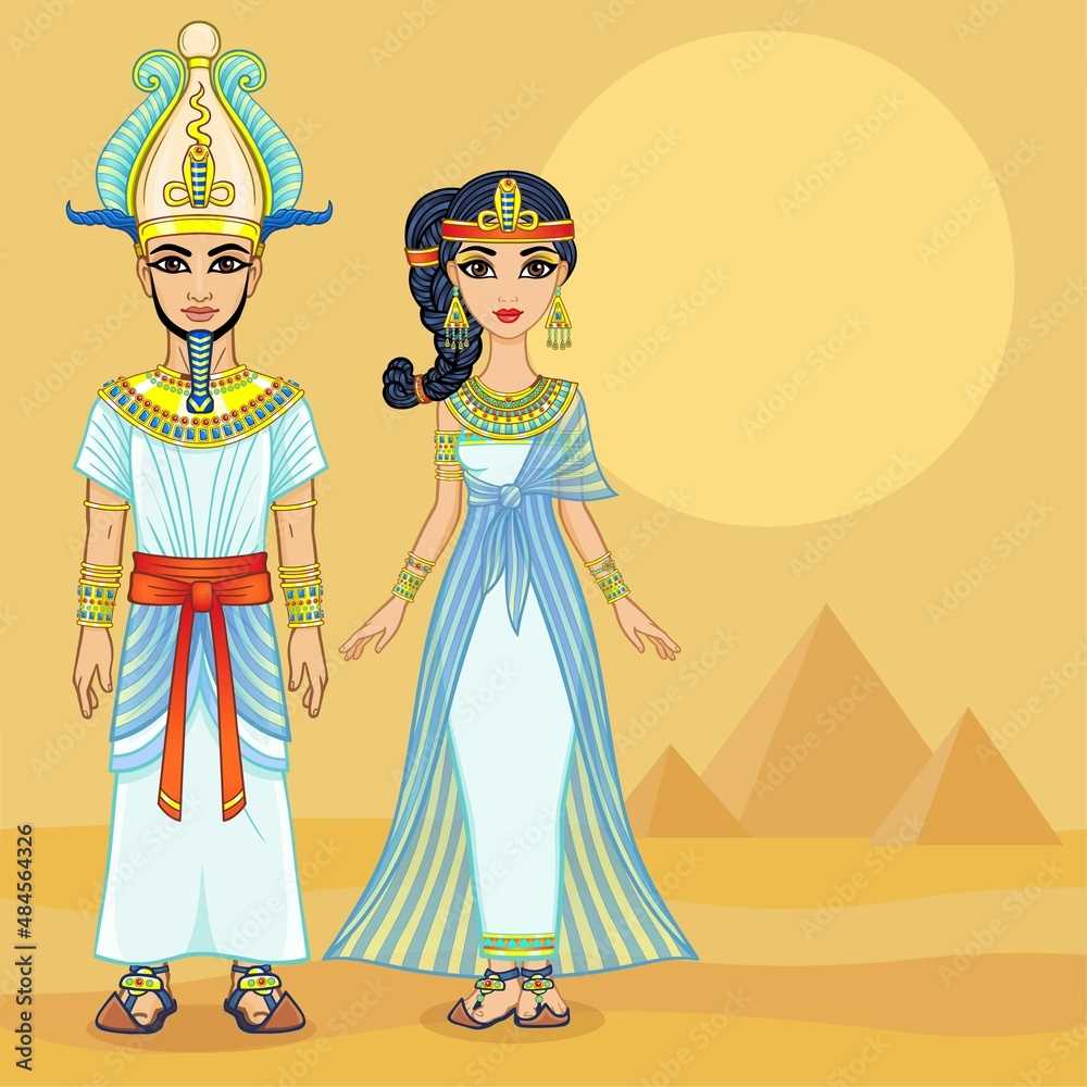 Cartoon portrait of Egyptian family in ancient clothes. Pharaoh, King, God. Full growth. Vector illustration. Background - desert landscape, pyramid ruins.