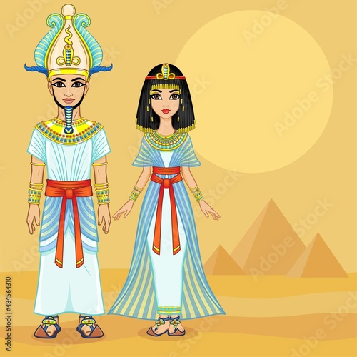 Cartoon portrait of Egyptian family in ancient clothes. Pharaoh, King, God. Full growth. Vector illustration. Background - desert landscape, pyramid ruins.