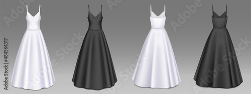 Women dresses mockup, white or black long gown templates, summer sleeveless sundresses with wide skirt, girls fashion collection mock up, female garment, apparel, Realistic 3d vector illustration, set