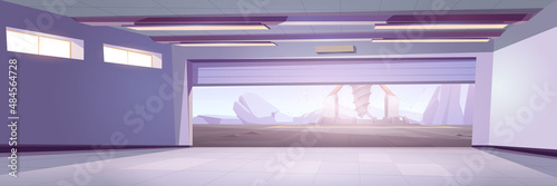 Empty garage interior with open door and view on futuristic drilling rig or spaceship on alien planet surface. Game scene with drill ship, landscape with derrick platform, Cartoon Vector illustration
