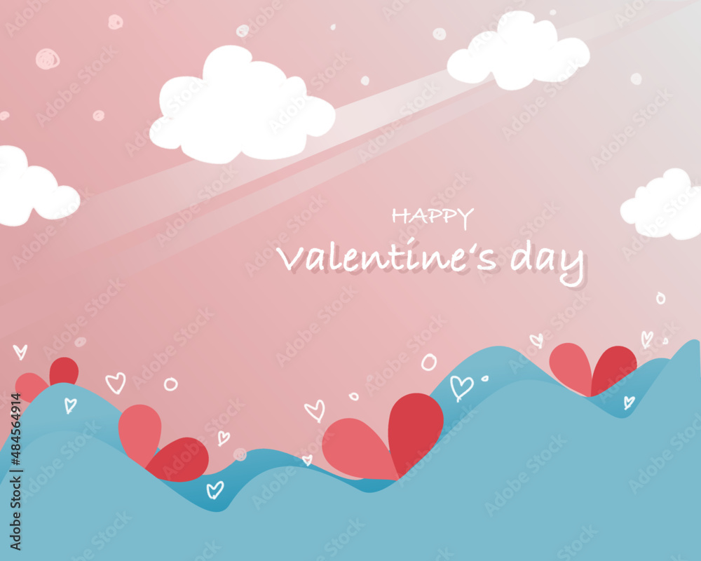 Valentine’s Day greeting card with hearts in the wave and cloud on the sky. Paper cut style with fanciful pastel color