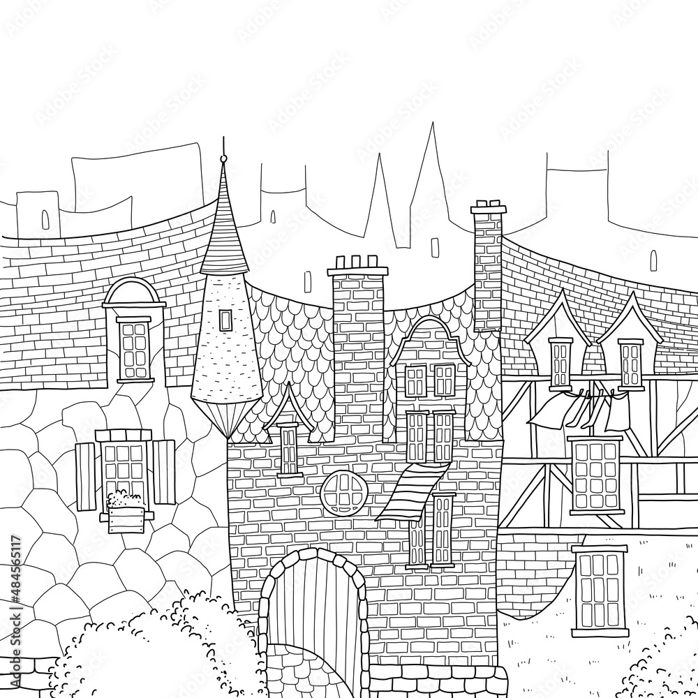 Medieval city street with houses and trees. Hand drawn coloring page. Medieval city street with houses and trees. Hand drawn coloring page.