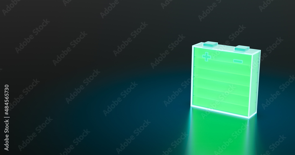 Glowing power neon light futuristic energy storage, high capacity rechargeable lithium ion battery, 3D rendering of future electric vehicle clean energy technology concept - obrazy, fototapety, plakaty 