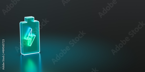Glowing power neon light futuristic energy storage, high capacity rechargeable lithium ion battery, 3D rendering of future electric vehicle clean energy technology concept photo