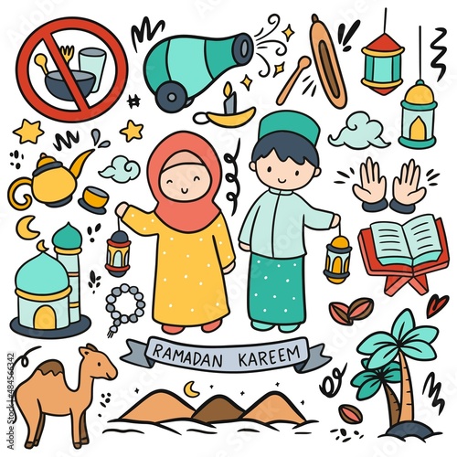 Cartoon Kids Celebrating Ramadan in Kawaii Doodle Style Vector Clip Art