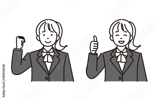 ガッツポーズとナイスポーズをしている女子高生または女子中学生のモノクロイラスト2ポーズセット