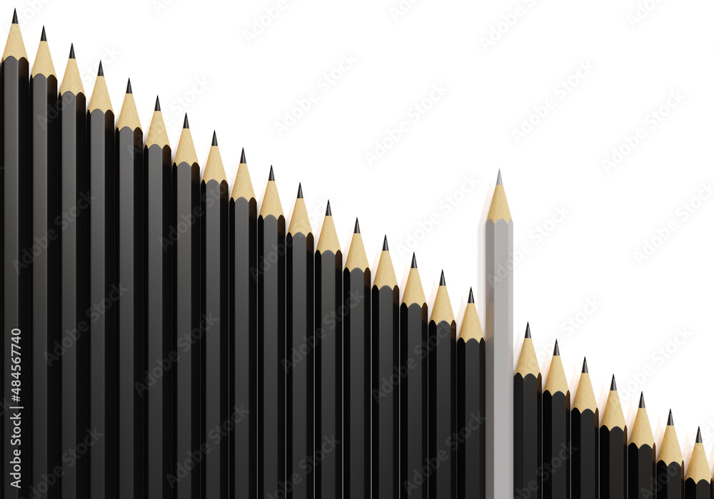 Gray different, unique and standing out of the crowd pencil isolated on white background. business concept planning. 3d rendering. Gray different, unique and standing out of the crowd pencil isolated on white background. business concept planning. 3d rendering.