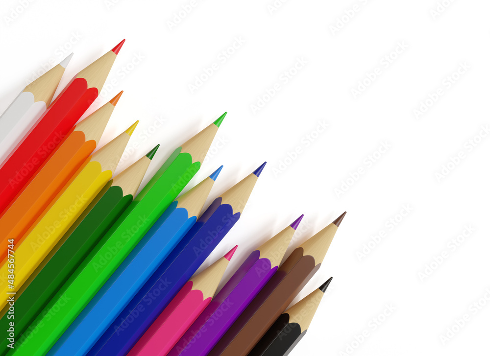 Colored pencils with copy space isolated on white background. 3d illustration. Colored pencils with copy space isolated on white background. 3d illustration.